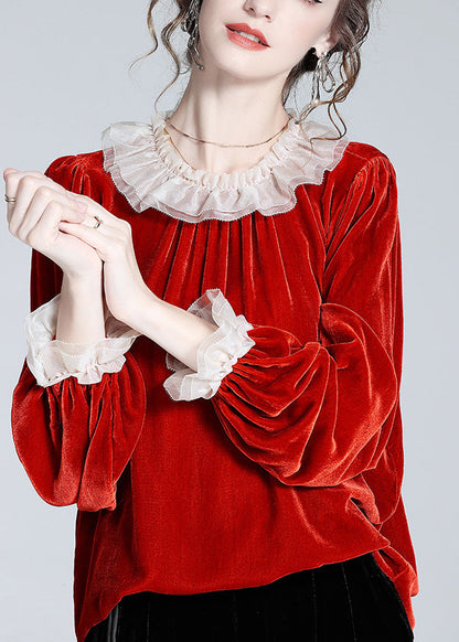 Boho Mulberry O-Neck Floral Velour Tops Long Sleeve