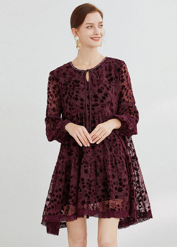 Mulberry O-neck Lace Up Silk Velour Mid Dress Long Sleeve