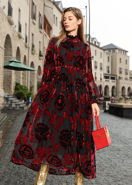 Mulberry Ruffled Patchwork Silk Velour Vacation Long Dresses Fall
