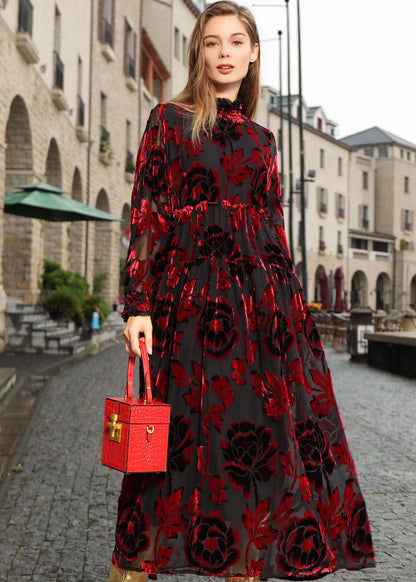 Mulberry Ruffled Patchwork Silk Velour Vacation Long Dresses Fall