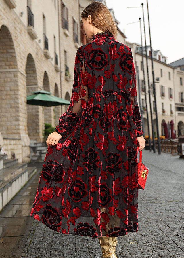 Mulberry Ruffled Patchwork Silk Velour Vacation Long Dresses Fall