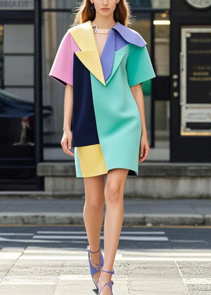 Multicolor Asymmetrical Patchwork Cotton Mini Dress Summer
