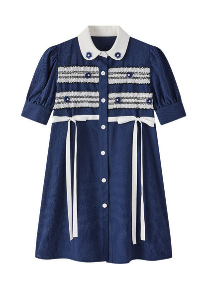Navy Bow Button Patchwork Nail Bead Fall Short Sleeve Dresses