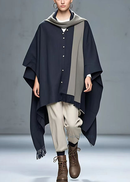 Navy Button Tasseled Patchwork Cotton Coat Long Sleeve