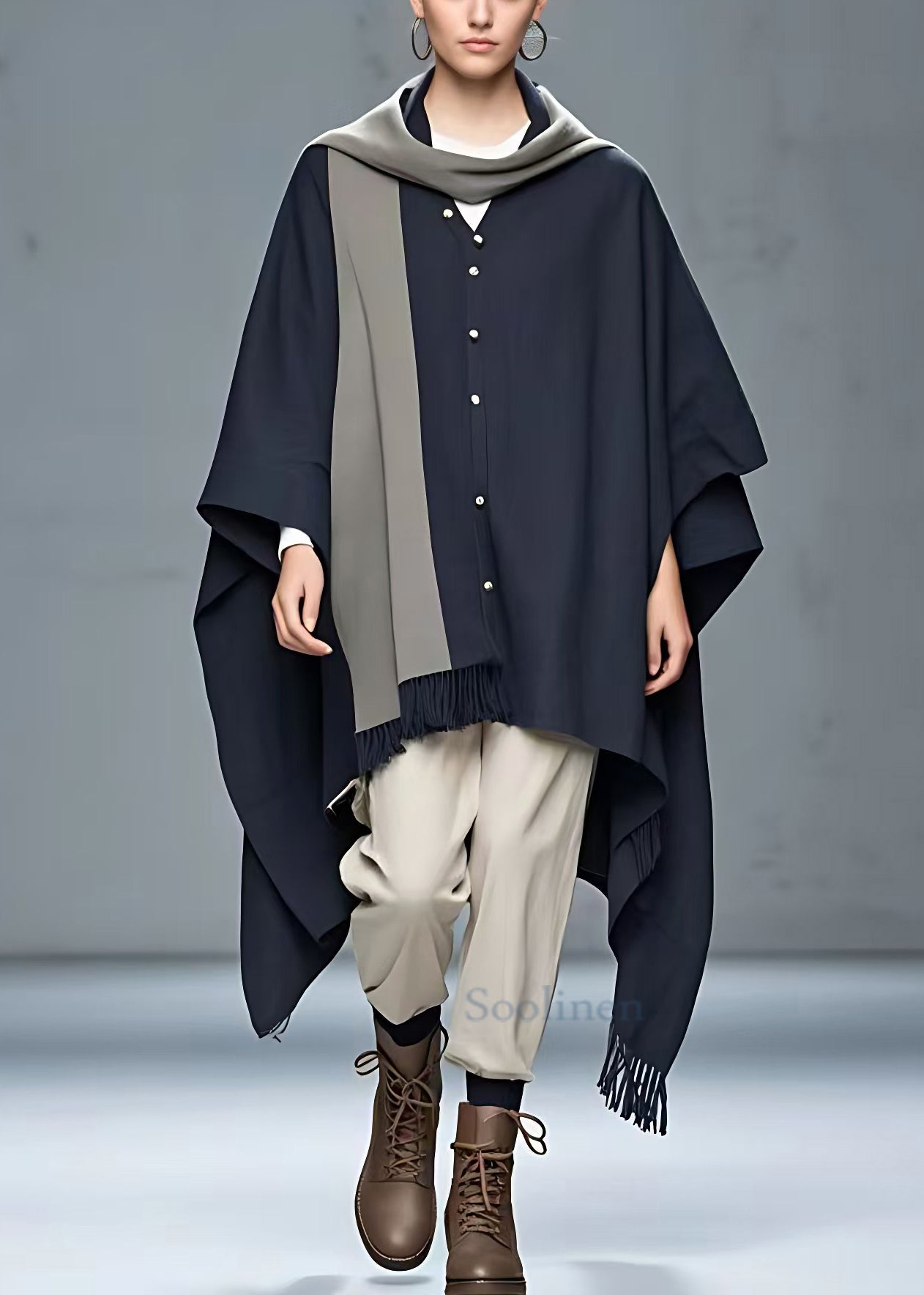 Navy Button Tasseled Patchwork Cotton Coat Long Sleeve