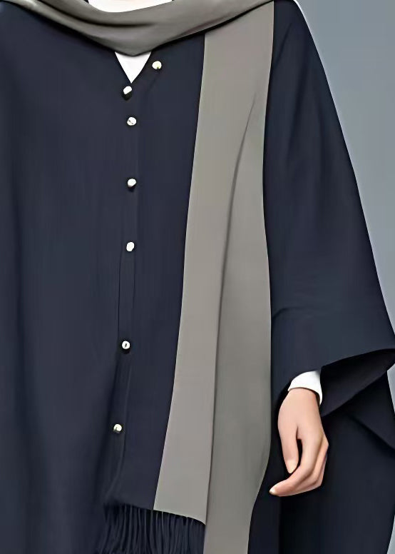 Navy Button Tasseled Patchwork Cotton Coat Long Sleeve