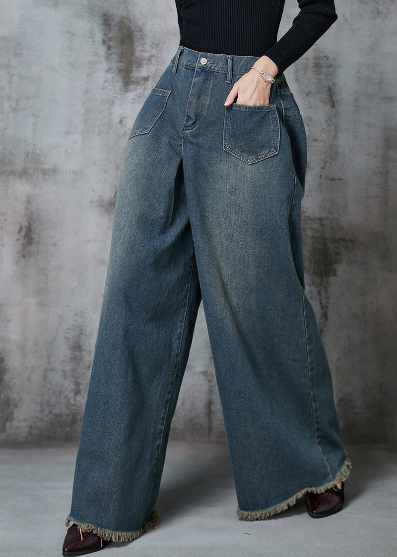 Navy Elastic Waist Pockets Denim Wide Leg Pants Spring