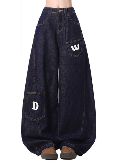 Navy Letter Print Denim Wide Leg Pants Spring