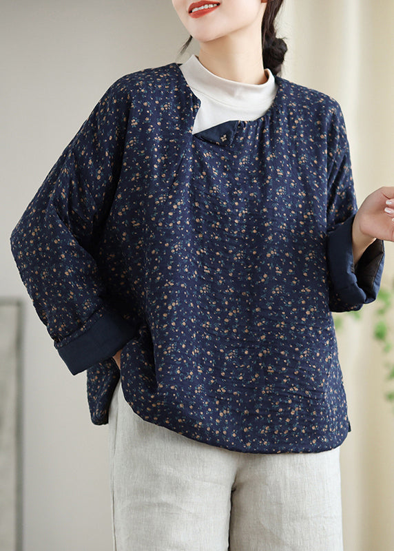 Navy O Neck Print Fine Cotton Filled Top Spring