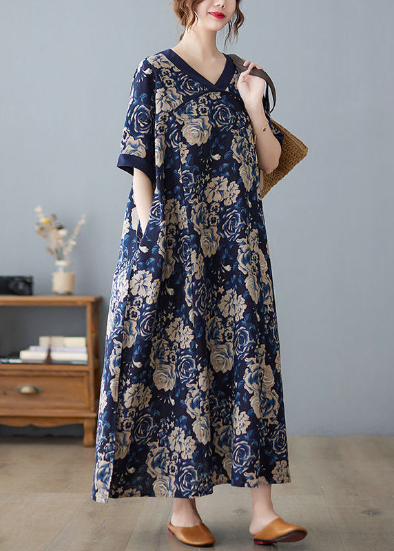 Navy Oversized Print Cotton Vacation Dresses Summer