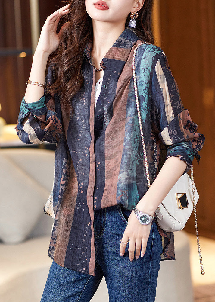 Navy Peter Pan Collar Print Button Shirt Long Sleeve
