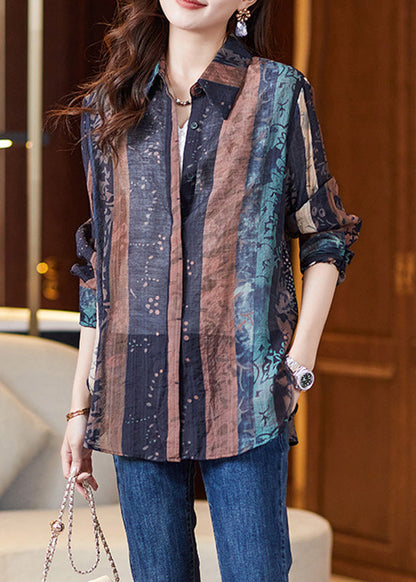 Boho Navy Peter Pan Collar Print Button Shirt Long Sleeve