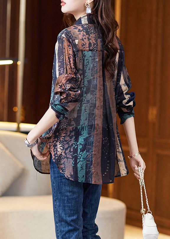 Navy Peter Pan Collar Print Button Shirt Long Sleeve
