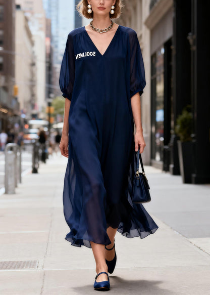 Navy V Neck Chiffon Ankle Dress Summer