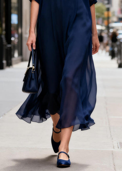 Navy V Neck Chiffon Ankle Dress Summer