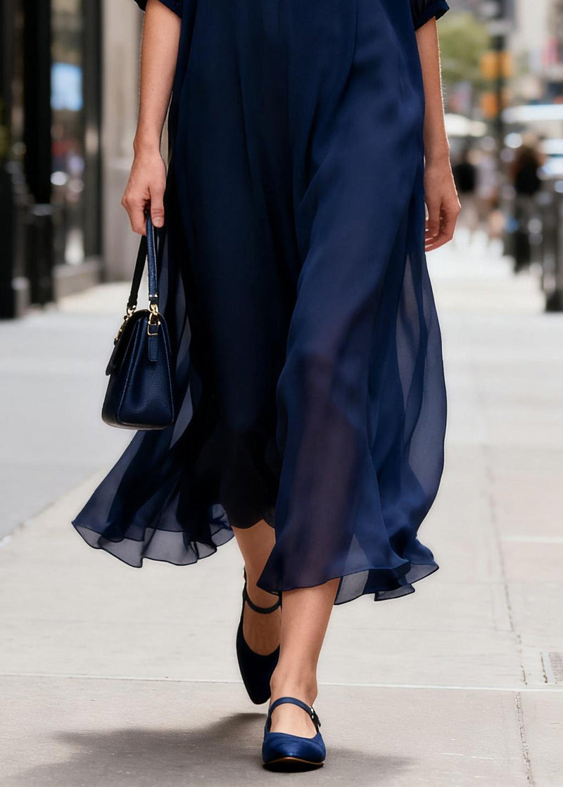 Navy V Neck Chiffon Ankle Dress Summer