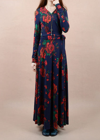 Navy V Neck Print Tie Waist Cotton Long Dress Spring