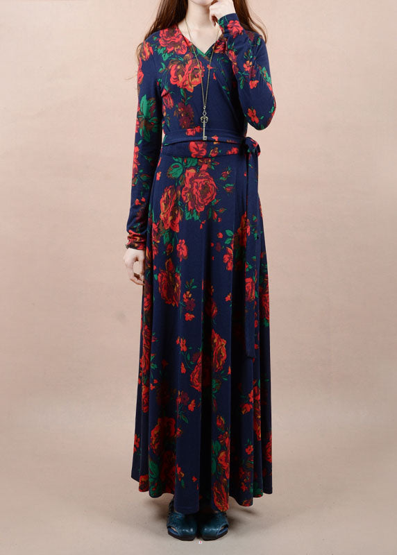 Navy V Neck Print Tie Waist Cotton Long Dress Spring