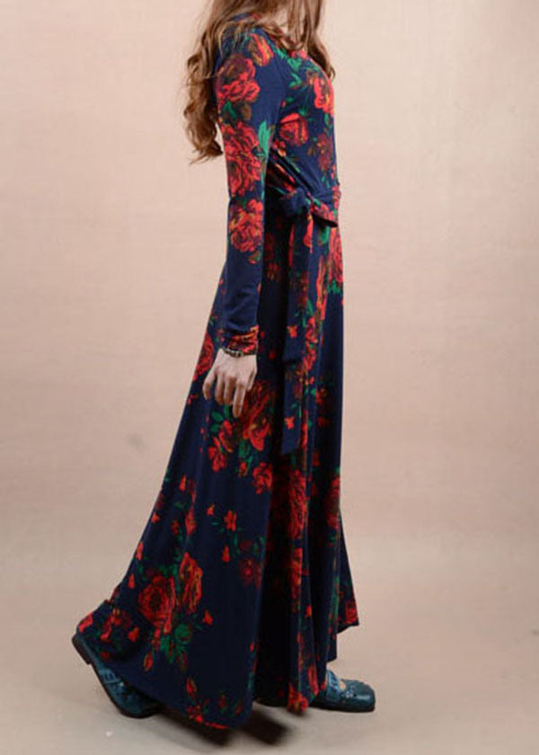 Navy V Neck Print Tie Waist Cotton Long Dress Spring