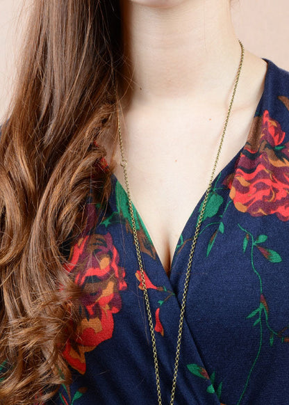 Navy V Neck Print Tie Waist Cotton Long Dress Spring