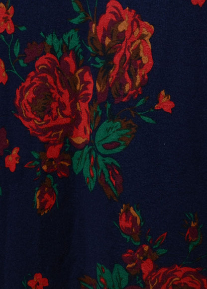 Navy V Neck Print Tie Waist Cotton Long Dress Spring