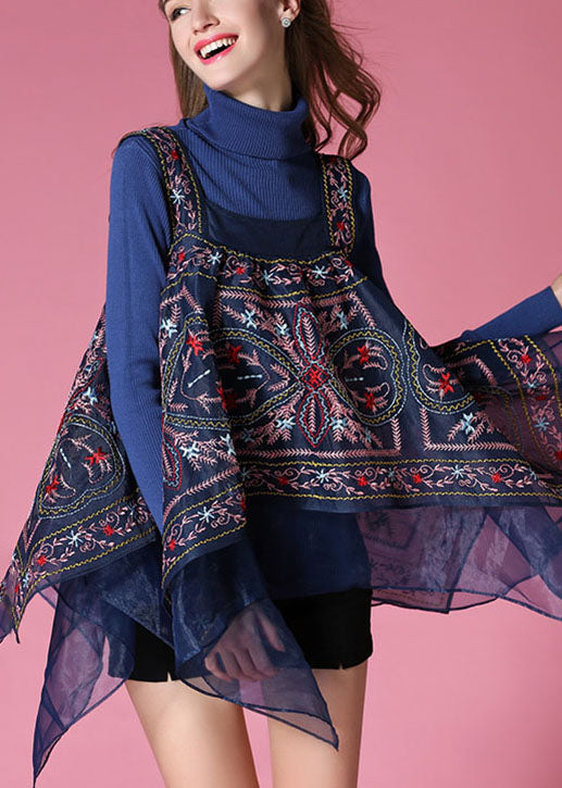 Navy Knit Sweaters + Organza Asymmetrical Design Fall Sets 2 Pieces