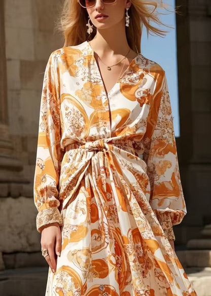 Orange Cinched Print Chiffon Shirt Dress Spring