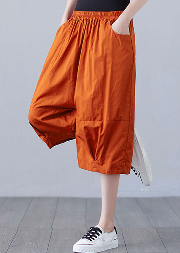 Orange Elastic Waist Patchwork Pockets Color Cotton Shorts Summer