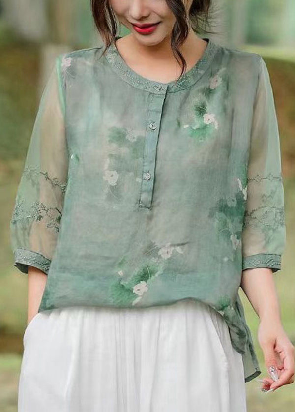 Orange Embroideried Patchwork Print Linen Shirt Top Half Sleeve