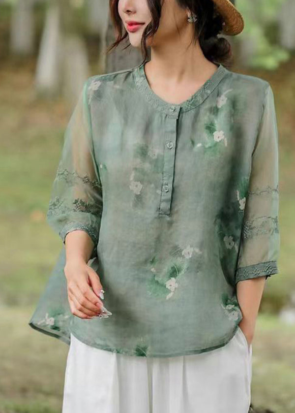 Orange Embroideried Patchwork Print Linen Shirt Top Half Sleeve