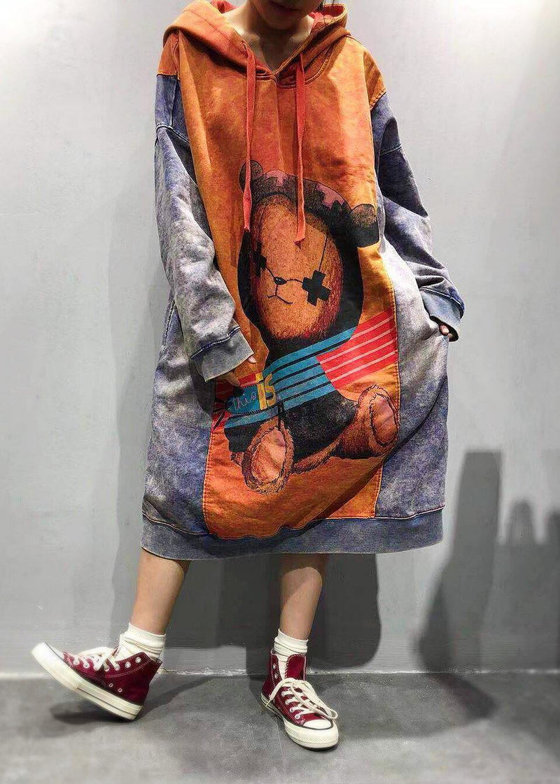 Orange Hooded Dress Cartoon Printing Spring Maxi Dress