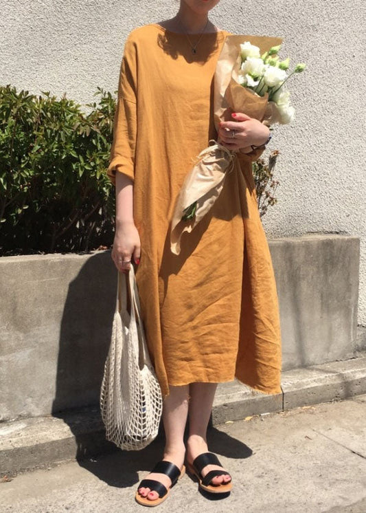 Orange O Neck Patchwork Cotton Loose Dress Spring