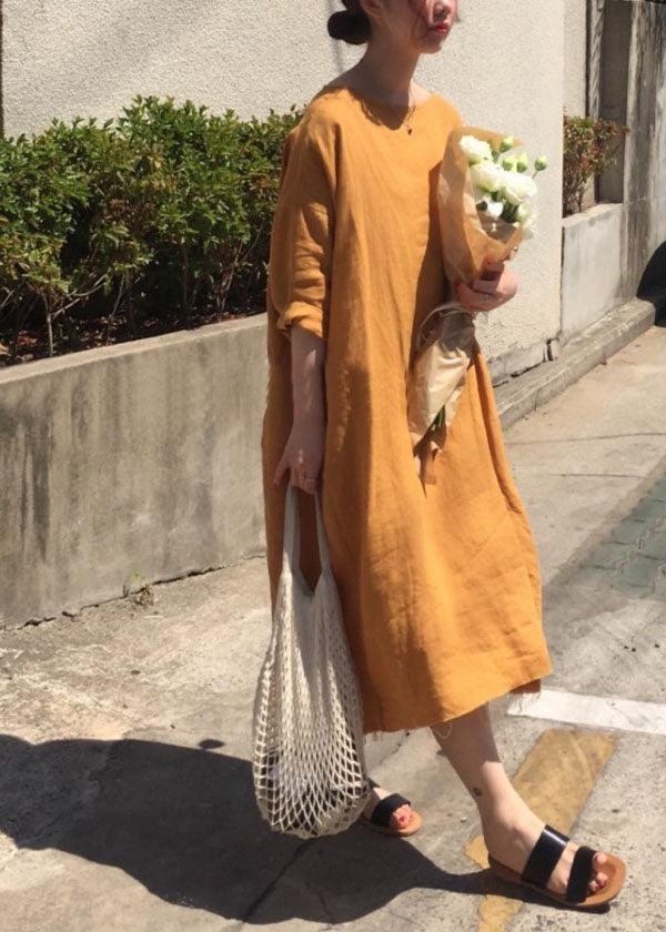 Orange O Neck Patchwork Cotton Loose Dress Spring