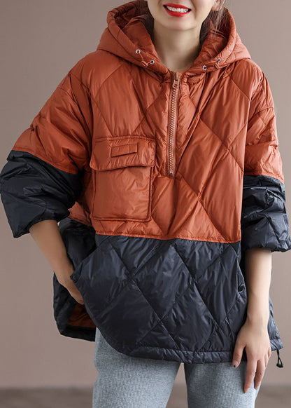 Orange Patchwork Black Hooded Loose Winter Down Coat