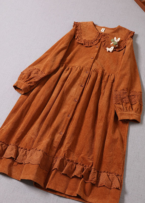 Orange Peter Pan Collar Patchwork Corduroy Maxi Dresses Winter