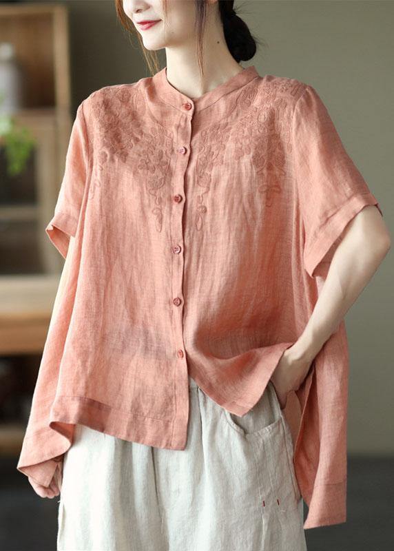 Black Strips Summer Side Open Stand Collar Ramie Loose Short Sleeve