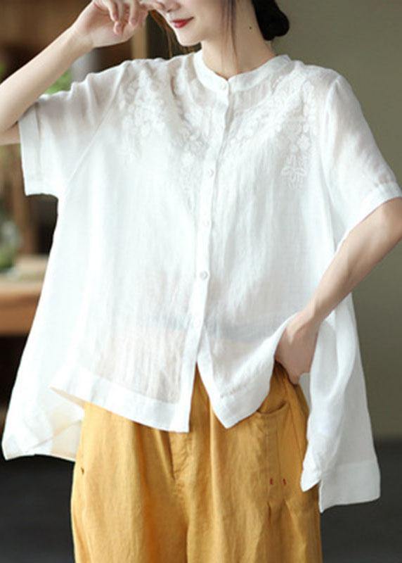 Black Strips Summer Side Open Stand Collar Ramie Loose Short Sleeve