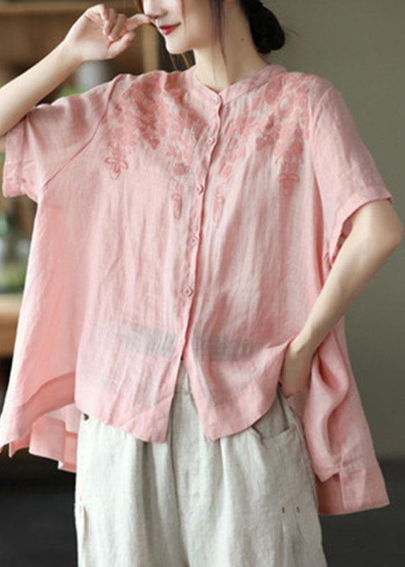 Black Polka Dots Summer Side Open Stand Collar Ramie Loose Short Sleeve