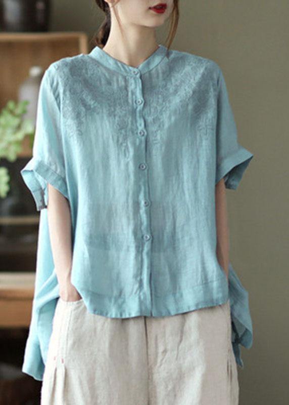 Black Strips Summer Side Open Stand Collar Ramie Loose Short Sleeve