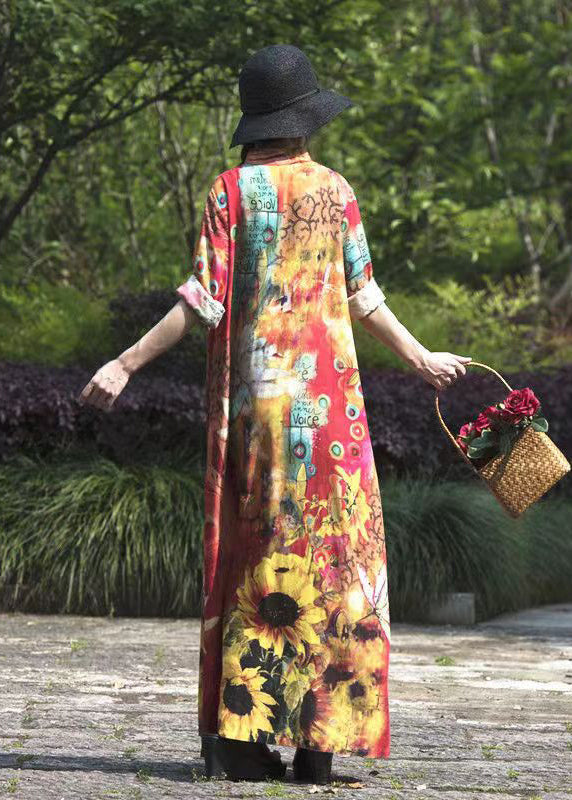 Original Stand Collar Print Linen Long Dresses Spring