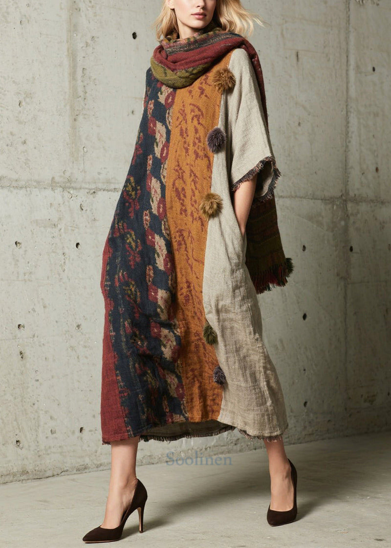 Oversized Patchwork Fuzzy Ball Decorated Dress Half Sleeve
