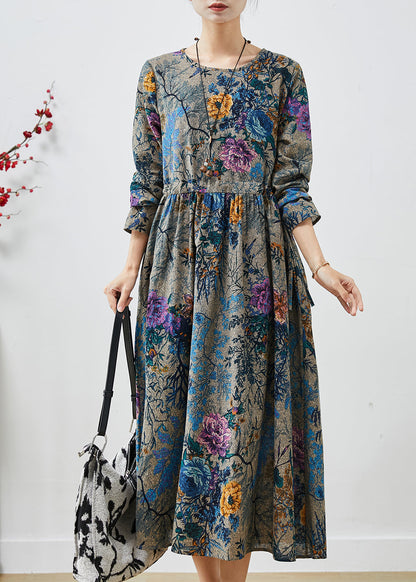 Peacock Blue Cinched Print Cotton Dress Spring