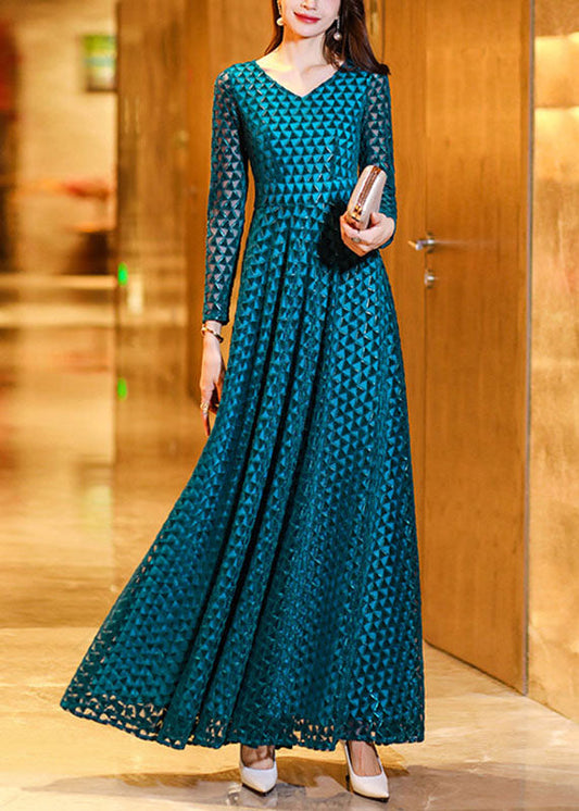 Peacock Blue Wrinkled Hollow Out Lace Long Dress Long Sleeve