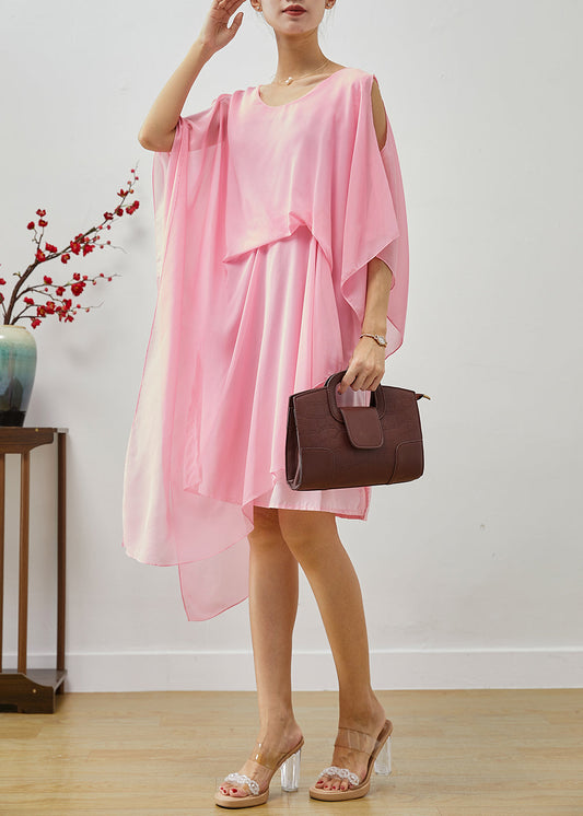 Pink Asymmetrical Cold Shoulder Chiffon Beach Dresses Summer
