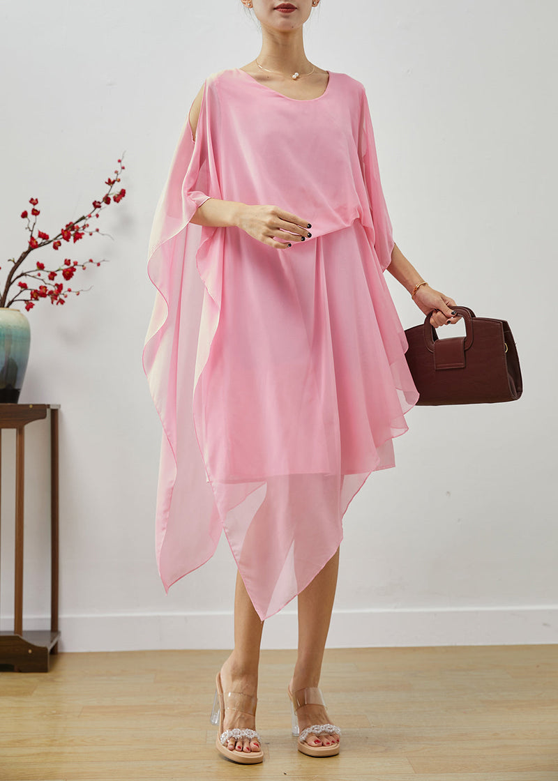 Pink Asymmetrical Cold Shoulder Chiffon Beach Dresses Summer