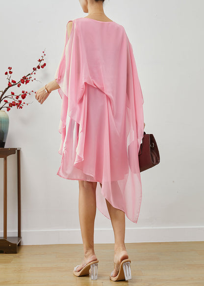 Pink Asymmetrical Cold Shoulder Chiffon Beach Dresses Summer