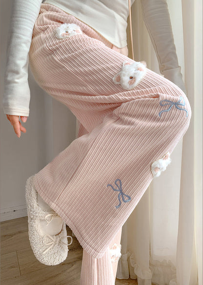 Pink Embroidered Cat Decorated Warm Fleece Pants Winter