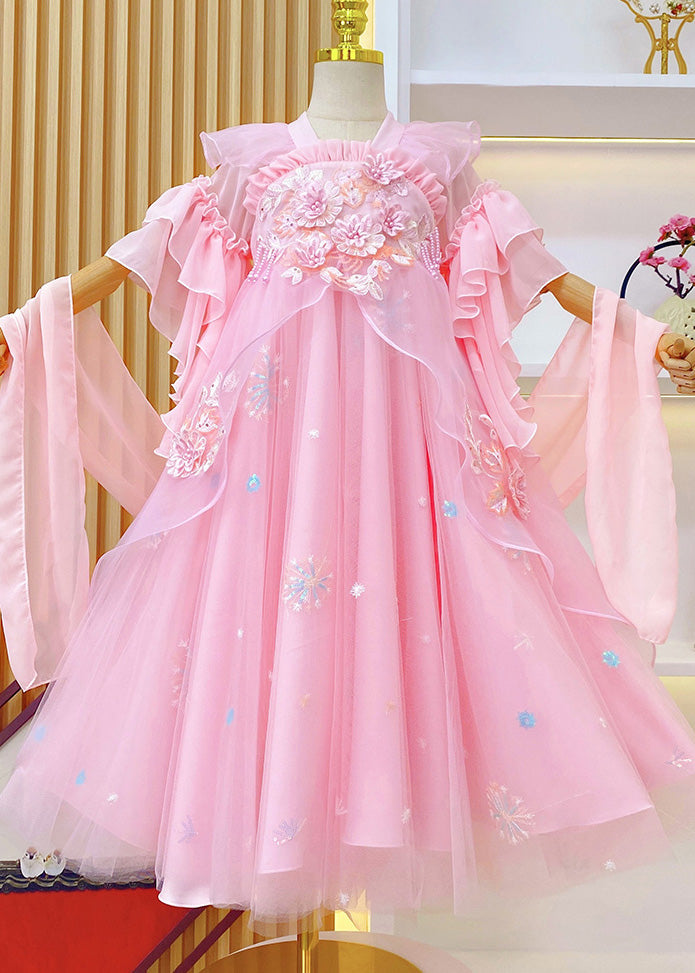 Pink Embroideried Ruffled Tulle Kids Long Dresses Summer