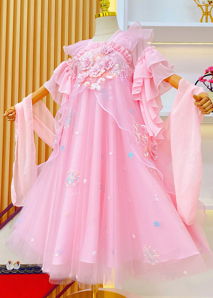 Pink Embroideried Ruffled Tulle Kids Long Dresses Summer