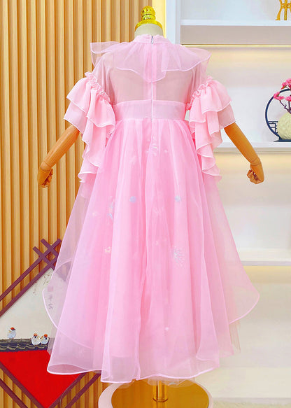 Pink Embroideried Ruffled Tulle Kids Long Dresses Summer